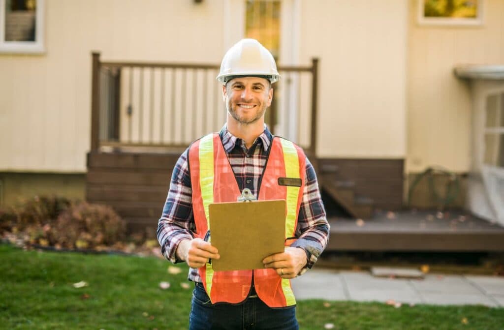 Roofing contractor in a hard hat and high-visibility vest holding a clipboard in front of a house
